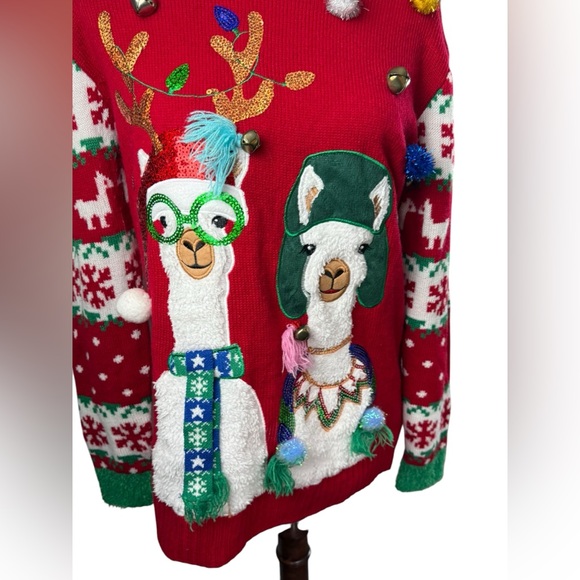 Hooked Up Ugly Christmas Sweater Red with Llama Design POM POM & jingle bells - Picture 4 of 13